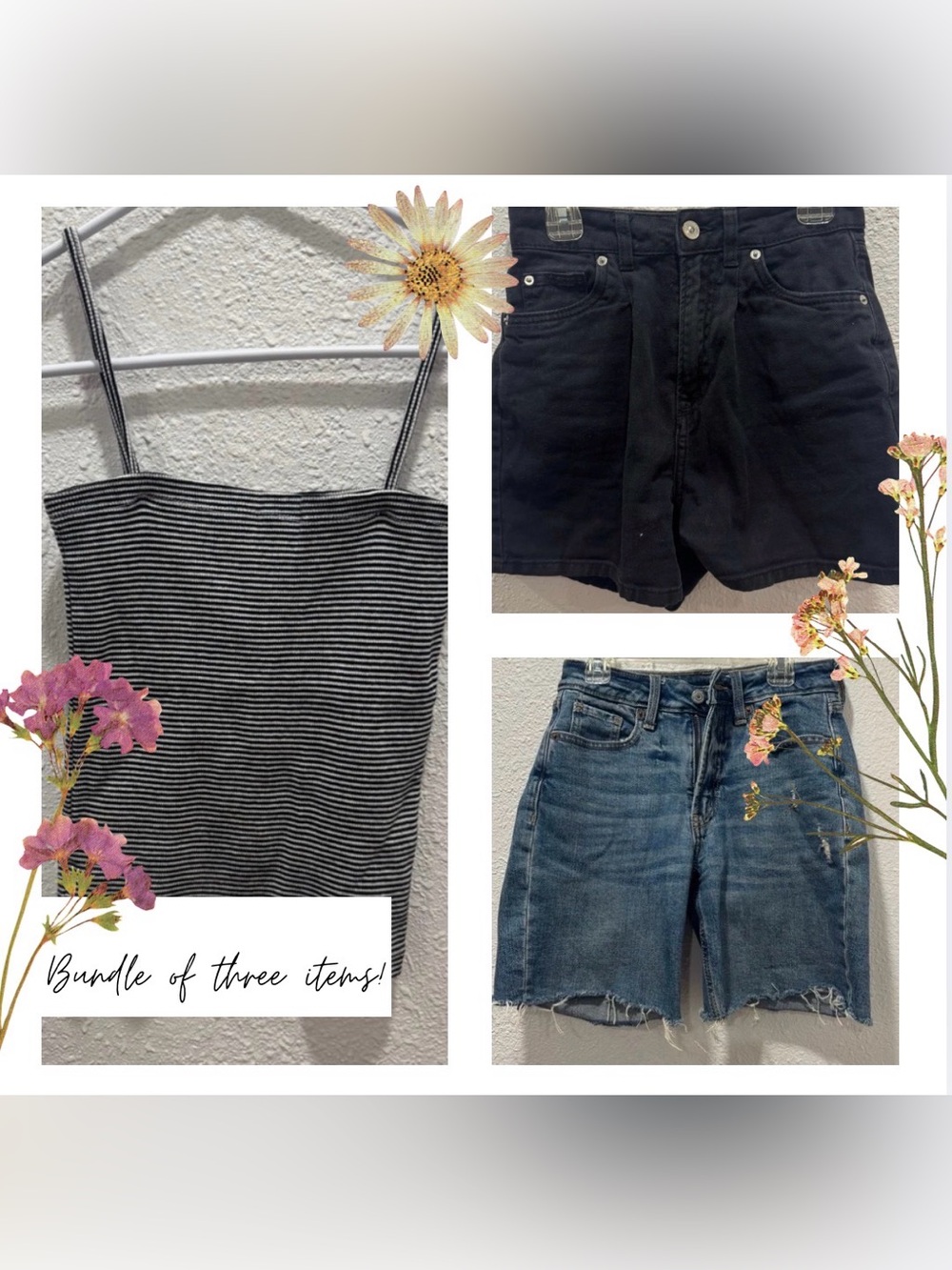 Bundle of 1 Striped Cami & 2 Denim Shorts in Blue & Black | Cute | Summer